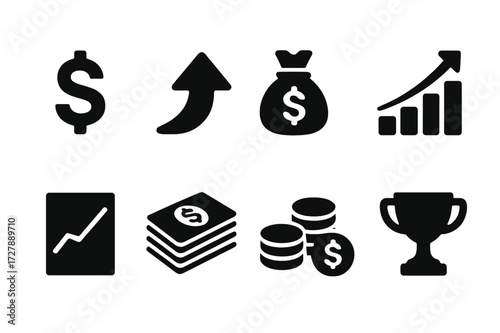 Profit Icon Set. Solid, filled icon set of profit concepts: dollar sign, upward arrow, money bag, bar chart growth, profit margin, cash stack, coin pile,
