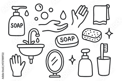 Bathroom Hygiene Doodle. Hand-drawn doodle illustration Soap dispenser pump soap bottle, pump nozzle, droplet, hand, bubble, sink, towel, faucet, bar soap,