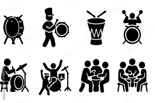 Bass Drum Iconography. Solid, filled icon set of bass drum history and culture: vintage bass drum, marching parade, tribal drum, orchestral percussion, jazz