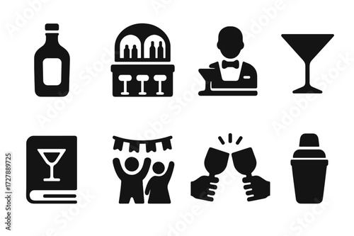 Vintage Bar Icons. Solid, filled icon set of pour history and culture: vintage bottle, old bar, classic bartender, retro glass, cocktail book, cultural