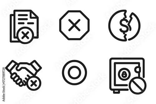 Rejected Loan Icons. Solid, filled icon set of rejected loan application: crossed papers, stop sign, broken dollar coin, denied handshake, no entry symbol,