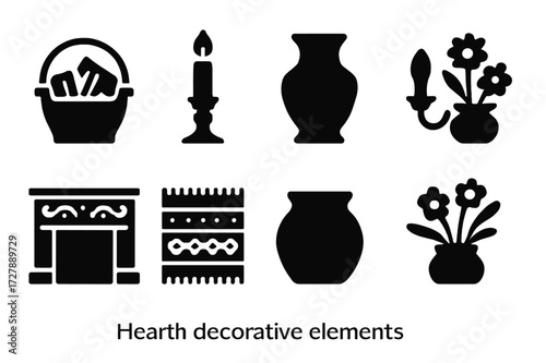 Hearth Decor Icons. Solid, filled icon set of hearth decorative elements: firewood basket, candle holder, hearth vase, wall sconce, decorative mantel, woven