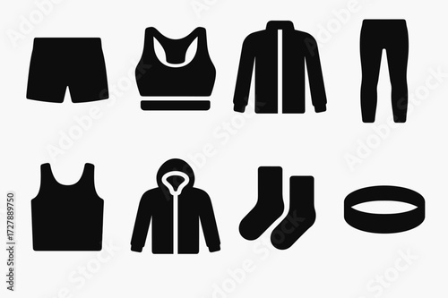 Sportswear Icon Set. Solid, filled icon set of sportswear types: running shorts, sports bra, tracksuit, compression leggings, tank top, windbreaker jacket,
