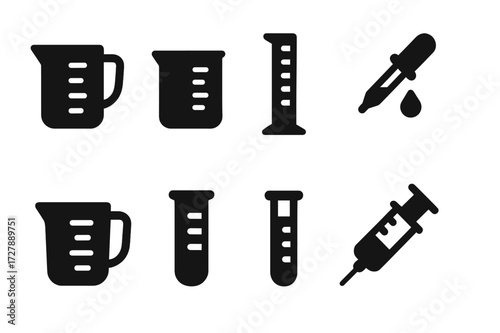 Liquid Measuring Icons. Solid, filled icon set of liquid measuring instruments: liquid measuring cup, beaker, graduated cylinder, pipette, dropper, measuring