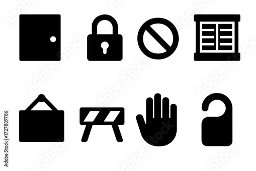 Closed Signs Icon Set. Solid, filled icon set of closed signs and symbols: closed door, locked padlock, no entry sign, shuttered window, closed business sign,