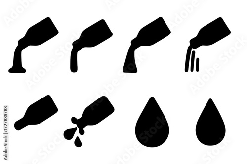 Pouring Actions Icons. Solid, filled icon set of pouring actions: pouring liquid, steady pour, slow pour, fast pour, controlled stream, tilted bottle, splash,
