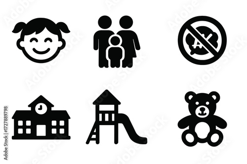 Kids and Family Icons. Solid, filled icon set of kids and family friendly: smiling child, family group, no swearing sign, cartoon speech bubble, school