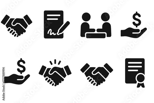 Negotiation Icon Set. Solid, filled icon set of negotiation stages: handshake, contract signing, discussion, offer, counteroffer, agreement, compromise, deal