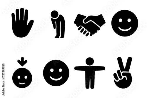Introduction Gesture Icons. Solid, filled icon set of introduction gestures: waving hand, bowing, handshake, nodding head, smile, thumbs up, open arms, peace