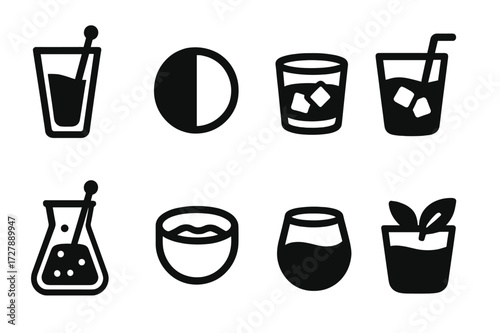 Flavor Icons Grid. Solid, filled icon set of stirring flavor and texture: smooth blend, balanced taste, chilled drink, ice dilution, aromatic mix, consistent