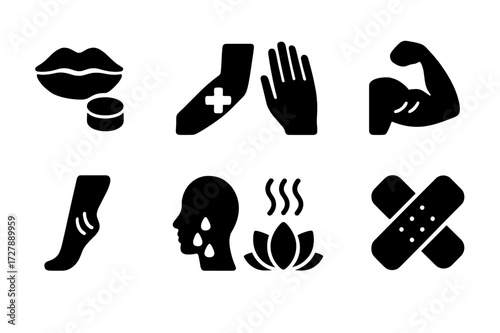 Versatile Balm Icons. Solid, filled icon set of balm uses: lip care, skin healing, cuticle treatment, muscle relief, anti-itch, moisturizing, aromatherapy,
