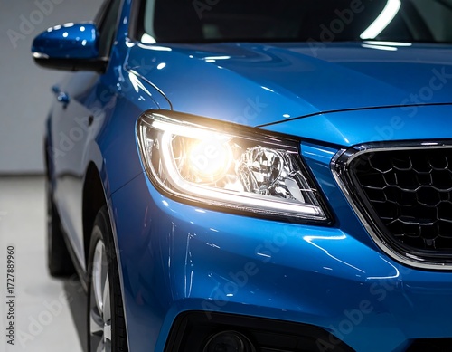 Close-up of a glossy blue car's front end