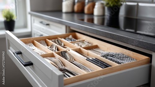 Elegant Cutlery Organization in Modern Kitchen Drawer with Wooden Inserts