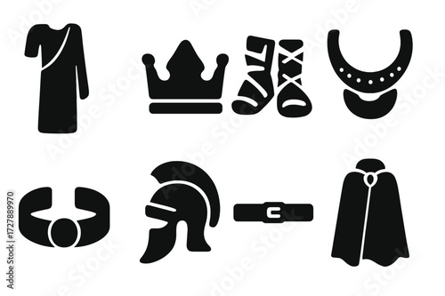 Ancient Clothing Icons. Solid, filled icon set of ancient clothing and accessories: robe, crown, sandals, necklace, bracelet, helmet, belt, cloak. Solid,