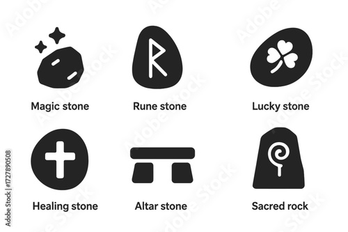 Symbolic Stone Icons. Solid, filled icon set of symbolic stones: magic stone, rune stone, mystical crystal, lucky stone, healing stone, altar stone, ancient
