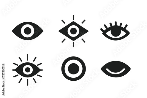 Eye Icon Grid. Solid, filled icon set of watcher eye symbols: single eye, all-seeing eye, eye with eyelashes, closed eye, eye with rays, eyeball, iris,