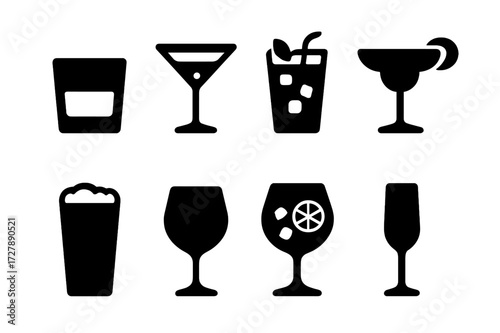 Bar Drinks Icon Set. Solid, filled icon set of bar drinks: whiskey glass, martini, mojito, margarita, gin tonic, beer pint, red wine glass, champagne flute.