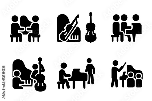 Musical Ensemble Icons. Solid, filled icon set of piano duets and ensembles: two players, piano with violin, piano with cello, four-hand duet, jazz trio, piano