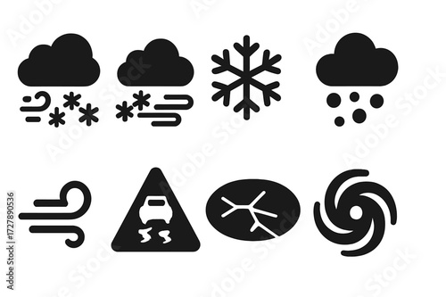 Cooling Weather Icons. Solid, filled icon set of cooling related weather: snowstorm, blizzard, frost, hail, cold wind, icy road, frozen lake, polar vortex.