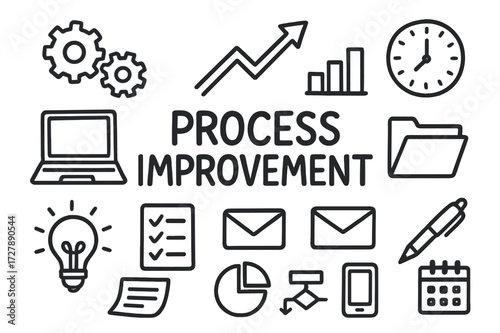 Process Improvement Icons. Hand-drawn doodle illustration process improvement gears, arrow, chart, clock, laptop, checklist, folder, envelope, pen, light bulb,