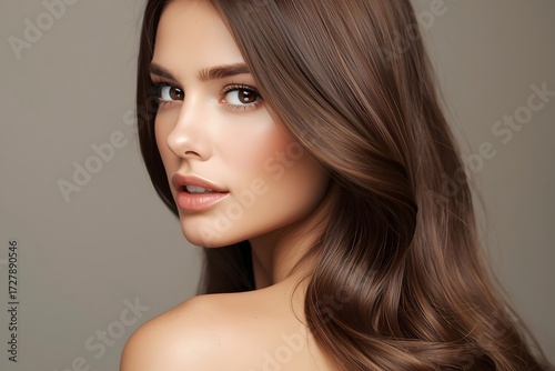 Beauty model with perfect long glossy brown hair. Close-up portrait.