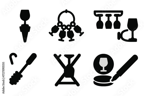 Wine Glass Accessories Icons. Solid, filled icon set of wine glass accessories: wine glass stopper, wine glass charms, wine glass rack, wine glass holder,
