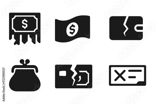 Worthless Currency Icons. Solid, filled icon set of worthless currency: shredded bill, bent note, faded coin, cracked wallet, empty purse, torn cash stack,