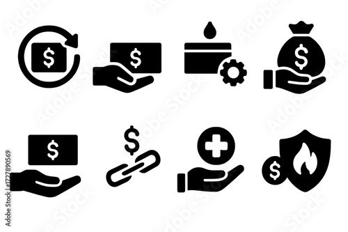 Emergency Funding Icons. Solid, filled icon set of emergency funding: cash flow, loan disbursement, credit facility, bailout fund, asset transfer, debt relief,