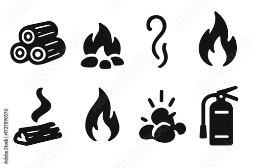 Fire Element Icons. Solid, filled icon set of fire elements: firewood stack, ember glow, smoke trail, flickering flame, charred wood, fire sparks, hot coals,