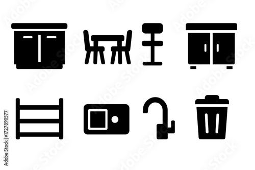 Kitchen Furniture Icons. Solid, filled icon set of kitchen furniture: kitchen island, dining table, bar stool, cabinet, shelf, sink, faucet, trash bin. [Line