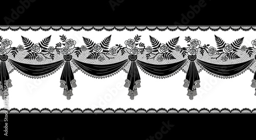 Elegant black lace border with roses and ferns creates a luxurious vintage decorative element