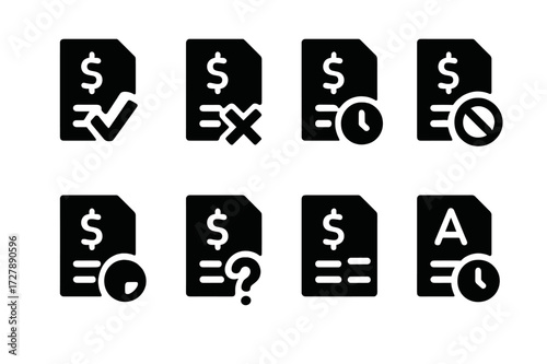 Bill Status Icons. Solid, filled icon set of bill statuses: paid, unpaid, overdue, partial payment, disputed, scheduled, cancelled, pending approval. [Solid,