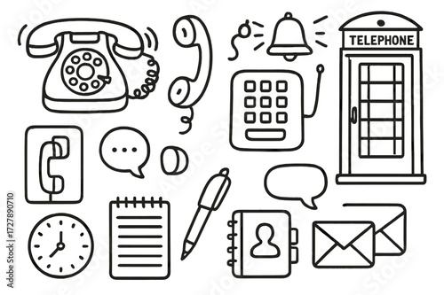 Retro Phone Doodle. Hand-drawn doodle illustration Old Phone rotary dial phone, handset, cord, ringing bell, push buttons, antenna, wall-mounted phone, old