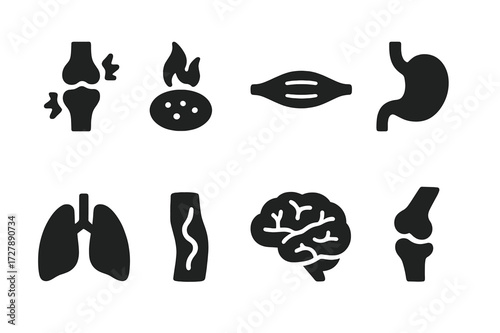 Anti-inflammatory Icons Set. Solid, filled icon set of anti-inflammatory body parts: swollen joint, inflamed skin, muscle, stomach, lungs, blood vessel, brain,
