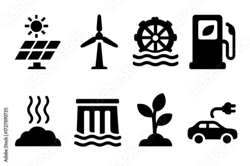 Organic Energy Icons. Solid, filled icon set of organic energy sources: solar panel, wind turbine, water wheel, biofuel, geothermal, hydropower dam, biomass,