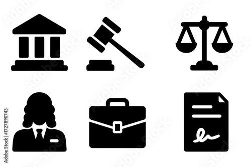 Legal Icons Grid. Solid, filled icon set of lawsuit concepts: court building, gavel, legal document, scales of justice, lawyer, judge, briefcase, contract.