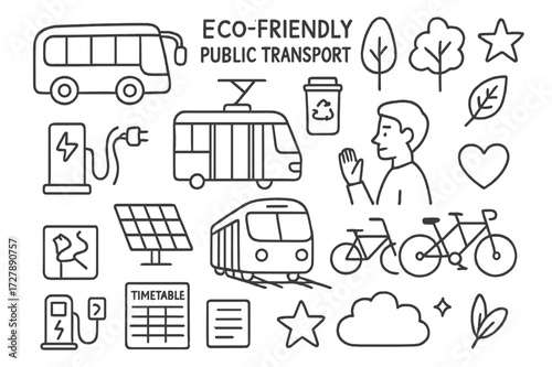 Eco-Friendly Transport Doodles. Hand-drawn doodle illustration Eco-friendly public transport [electric bus, tram, train, bicycle, solar panel, tree, leaf,