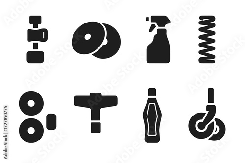 Hi-Hat Accessories Icons. Solid, filled icon set of hi-hat accessories: hi-hat clutch, replacement cymbals, cymbal cleaner, pedal spring, cymbal felts, drum