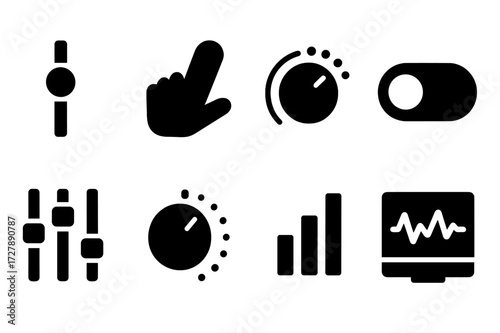 Volume Control Icons. Solid, filled icon set of volume adjustments: slider, button press, knob turn, toggle switch, equalizer, volume dial, sound meter,