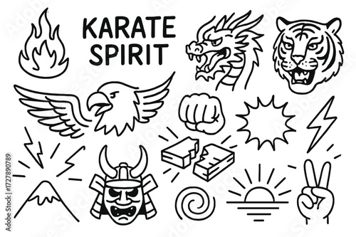 Karate Spirit Symbols. Hand-drawn doodle illustration Karate Spirit [flame, roaring lion, dragon, tiger face, eagle wings, clenched fist, breaking board,