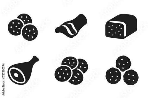 Charcuterie Icon Set. Solid, filled icon set of charcuterie board: salami slices, prosciutto, chorizo, pate, cured ham, pepperoni, smoked meat, meatballs.