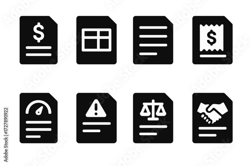 Financial Documents Icons. Solid, filled icon set of creditor documentation: loan contract, invoice, statement, payment receipt, credit report, notice,