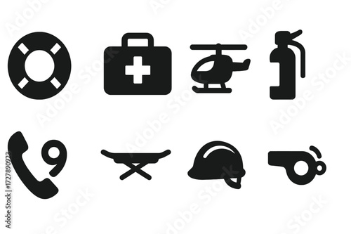 Rescue Icons Grid. Solid, filled icon set of rescue operations: lifebuoy, first aid kit, rescue helicopter, fire extinguisher, emergency phone, stretcher,