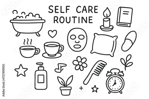 Self-Care Doodle Icons. Hand-drawn doodle illustration self-care routine bathtub, candle, book, teacup, heart, face mask, pillow, music note, slipper, lotion