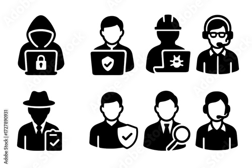 Cybersecurity Icons Grid. Solid, filled icon set of cybersecurity personnel: hacker, security analyst, penetration tester, IT admin, compliance officer,
