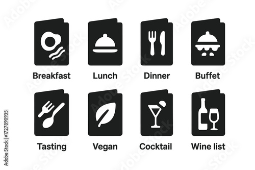 Menu Icon Grid. Solid, filled icon set of menu types: breakfast menu, lunch menu, dinner menu, buffet menu, tasting menu, vegan menu, cocktail menu, wine list.