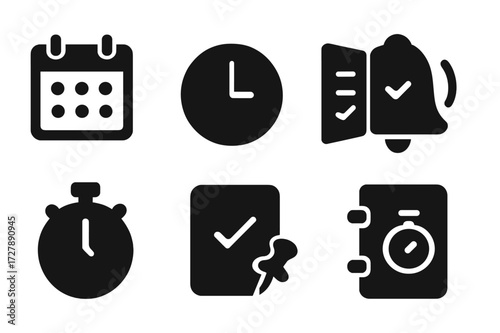 Executive Schedule Icons. Solid, filled icon set of executive schedules: calendar, clock, planner, alarm bell, timer, agenda book, reminder, stopwatch. Solid,