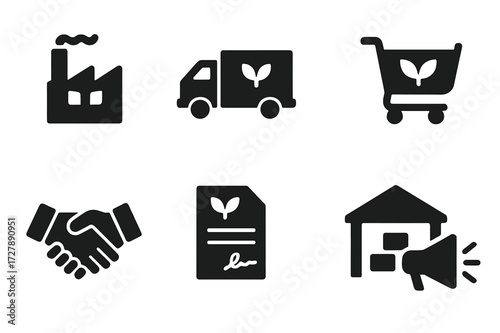Seed Company Icons. Solid, filled icon set of seed companies: factory, delivery truck, catalog, shopping cart, handshake, contract, warehouse, marketing. [Line