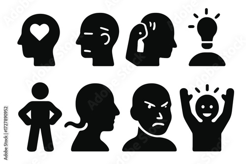 Emotions Icon Grid. Solid, filled icon set of solo emotions and expressions: passion, focus, energy, creativity, confidence, flow, intensity, excitement.