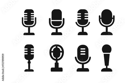 Vintage Microphone Icons. Solid, filled icon set of vintage microphones: classic ribbon mic, radio-era mic, retro stage mic, chrome broadcast mic, 50s swing